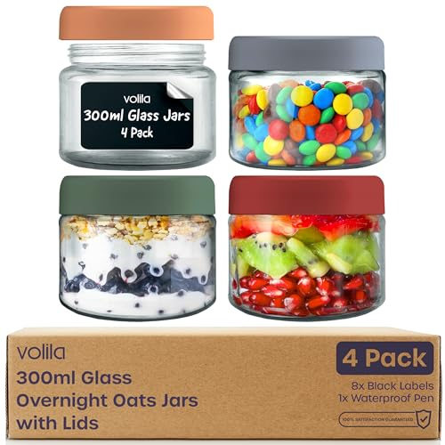 volila Overnight Oats Jar - 4 Pack 300ml Mason Jars with Lids, Black Labels, and Pen - Reusable Airtight Glass Jars for Salad, Dressing, Yogurt, Sauce, Cereal and Baby Food Storage