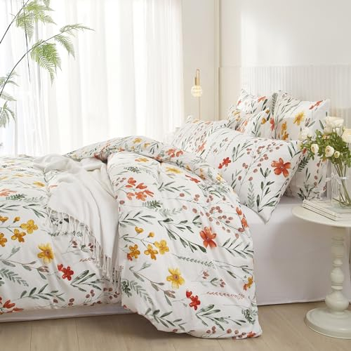 Luofanfei Blumen Bettwäsche Bunt 135x200 Grün Weiß Blumenmuster Pflanzen Frühling Sommerbettwäsche Set Floral Microfaser Bettbezug Einzelbett 135 x 200cm und Kissenbezug 80x80 cm mit Reißverschluss