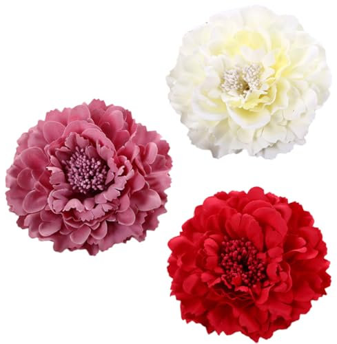 ZAMXHUG 3pcs Barrette Pivoine Rouge Pince Cheveux, Barrette Fleur Pince à Cheveux, Pince à Cheveux, Broche de Fleur pour la Plage Le Mariage, Décoration de Fête Vacances, Rouge/Rose/Blanc