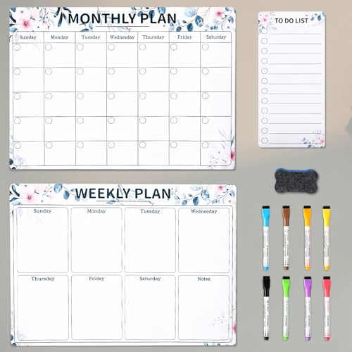 saerryor Magnetic Whiteboard Calendar, 3 Pcs Family Weekly Monthly Planner Whiteboard and to Do List for Fridge, Family Planner Reminder Board Meal Planner Board with 8 Markers and Dry Wipe Eraser