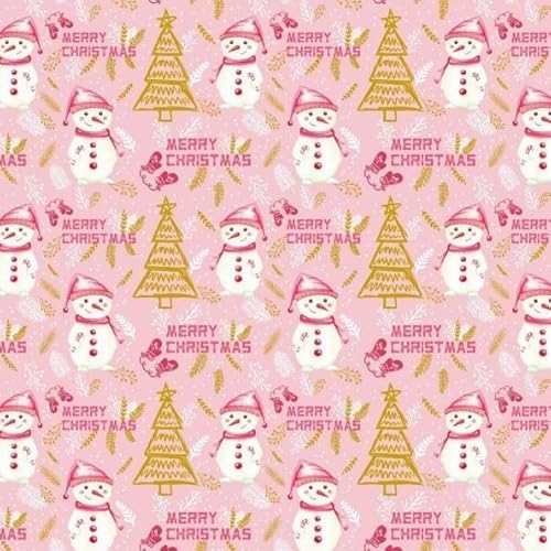 Schneemann in Rosa Mützen Schal, Warmer Goldener Weihnachtsbaum, Handschuhe, Schneebedecktes Geschenkpapier, 4 Bögen 50x70cm pro Blatt, Weihnachtspapier für die Winterferien, Weihnachten, Geburtstage