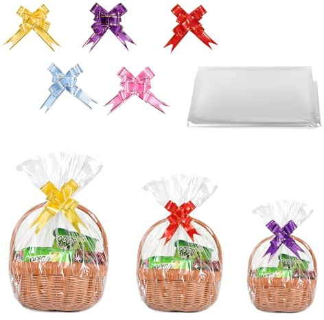 LALAGO 30er Geschenkfolie Transparent für Körbe Blumen Hochzeit, 70x100cm | Klare Korbtaschen Cellophan Taschen, Durchsichtiges Geschenkpapier Cellophantüten Mit Bögen-Band für Körbe Blumen Hochzeit
