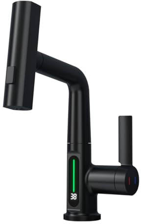 ENERJ Pull-Out Waterfall Kitchen Tap with Temperature Display Rotatable Bathroom Sink Faucet with Pull Down Sprayer, Stainless Steel Hot & Cold Switch Lifting Basin Mixer Tap, Black Colour