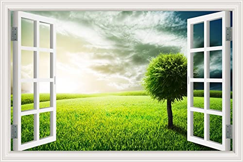 Wandsticker mit malerischem Himmel, Wolken, Bäume, Wiesen, Fensterblick, für Wohnzimmer, Dekoration, 160 x 120 cm