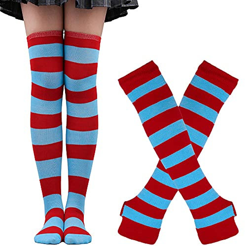 HKYFNNBW-Women Thigh High Socks Fingerless Gloves Set Solid Colour Stripe Warmer Fingerless Gloves Knee High Socks (red and blue stripes, ONE SIZE)