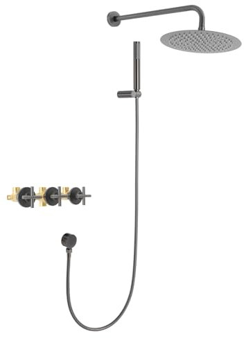 LENDISIY Système de douche, encastré, à effet pluie, avec douchette à main et douchette de tête, montage mural, gris