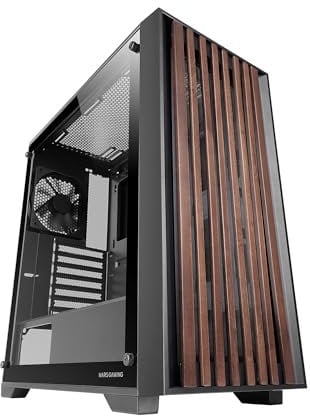 Mars Gaming MC-WOOD, ATX PC Case, Wooden Front Panel, Tempered Glass Side Window, 120mm FDB Fan, Liquid Cooling up to 360mm, Dual Chamber, Cable Management, PC Mid Tower, Black