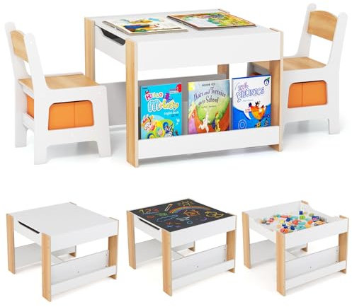COSTWAY Kids Table and Chairs Set, Wooden Toddler Activity Tables with Reversible Tabletop, Bookshelves, Storage Bins, 3-Piece Children Furniture for Boys Girls (White+Natural, 61x61x48cm)
