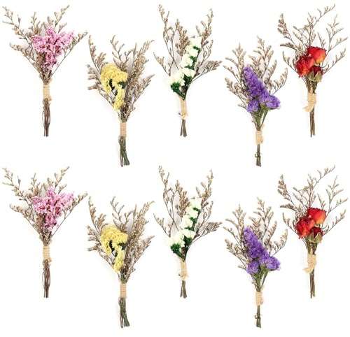 10Stück Mini Boho Getrocknete Blume Bouquet Trockenblumen Kleine Blumensträuße Mini Natürliche Echte Pflanzen für Hochzeit Tisch Mittelstücke Geschenkbox Kuchen Dekor Home Vase Dekor DIY Handwerk