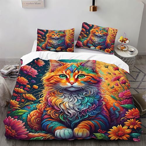 VOGIAY Bettwäsche 135x200 Blumen Katze Bettwäsche - Bettbezug für Teenager Mädchen und Jungen - Mikrofaser Bettbezüge mit 1 Kissenbezug 80x80cm Aesthetic Bettwäsche mit Reißverschluss