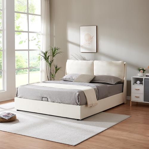 [en.casa] Polsterbett Lunner 140 x 200 cm Doppelbett mit Stauraum gepolstert Stauraumbett Bettgestell mit Lattenrost und Bettkasten gepolsterstes Kopfteil Beige