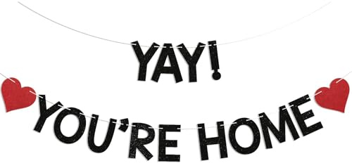 Calkkrer Yay! You're Home Banner Schwarz Glitzer, Welcome Home Dekoration, Willkommen Zuhause Girlande, Willkommens Banner Tür, Willkommen Zurück Partydeko