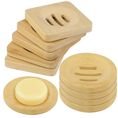 YIXNSW Porte Savon en Bois Naturel Lot de 10 - Porte-Savon en Bambou 8x1,5cm Carré et Rond - Support Savon pour Salle de Bain et Douche