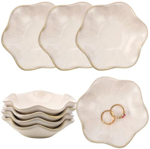9 Pcs Jewelry Dishes, Lotus Leaf Ceramic Ring Dishes, Small Trinket Trays, Pottery Plates with Gold-Trimmed, White Cute Key Bowls for Nightstand Decor
