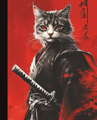 Composition Notebook College Ruled: Samurai Cat Warrior Red | 7.5x9.25 in | 110 Pages | Japanese Martial Arts Design Journal for School, College & Work