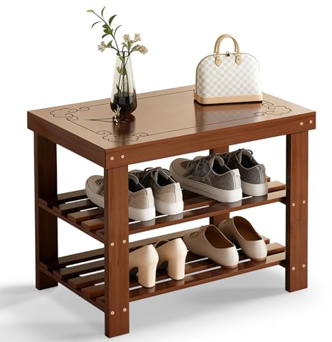 BaoBaJiu Bambus Schuhbank mit Sitzfläche, 3 Etagen Schuhregal mit Schnitzmuster, 27cm Extra Tief, Stabile Sitzbank für Flur, Eingangsbereich, Wohnzimmer(Nussbaum,50cm)