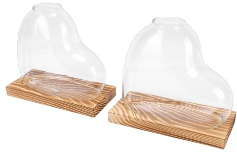 Oreilet Terrarium de Plantes de Station de Propagation de Plantes Claires, Vase en Verre en Forme de Cœur avec Base en Bois, Vase en Verre Bureau, Pot Fleur, Jardinière Hydroponique (Brown)