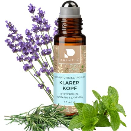 PHINTIN Roll-On Klarer Kopf 10 ml Duftroller mit ätherische Öle Pfefferminz | Rosmarin & Lavendel | 100% NATURREIN | Aromatherapie Duftöl mit Mandelöl, Jojoba & Argan für Büro, Alltag & unterwegs
