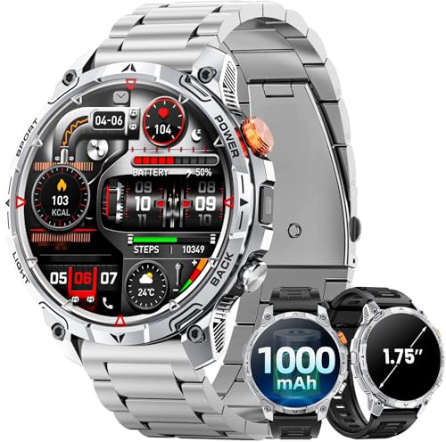 Orologio Uomo Militare, 1000 mAh Batteria Smartwatch, Due Cinturini, Schermo HD 1,75, Torcia LED, 100＋ Modalità Sportive, Monitoraggio della Salute, Chiamate Bluetooth per iOS Android (Argento)