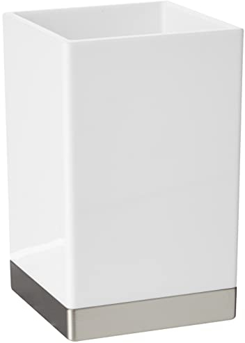 iDesign Clarity Vaso para higiene bucal, portacepillos de baño en plástico, soporte para cepillos de dientes, blanco/plateado mate