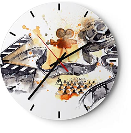 Modern Wanduhr Film Projektor Illustration 40x40cm Rund Groß Wand Uhr Glas Analog Zimmeruhren Küche Büro Wohnzimmer Glasuhr Wall Clock Dekoration Design Wanddekoration Küchenuhr C3AR40x40-3017