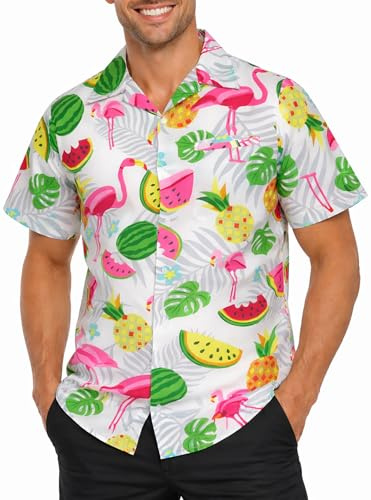 King Kameha Hawaii Hemd Männer - Funky Hawaiihemd Herren Kurzarm, Flamingo Melon, Weiss, 5XL