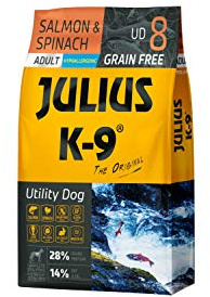 Julius K-9 Arbeitshund Erwachsenen Lachs & Spinat getreidefreies, glutenfreies Hunde-Trockenfutter, 1er Pack (1 x 10 kg)