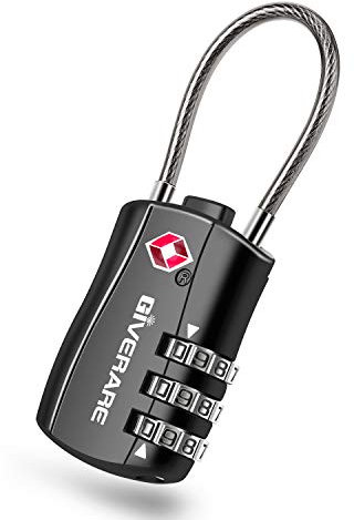 GIVERARE Cadenas à Bagage approuvé TSA avec câble de sécurité, Cadenas réinitialisables à Combinaison à 3 Chiffres Cadenas de Voyage sans clé pour casier de Gym, étui de Sac de Golf, Sac à Dos Noir