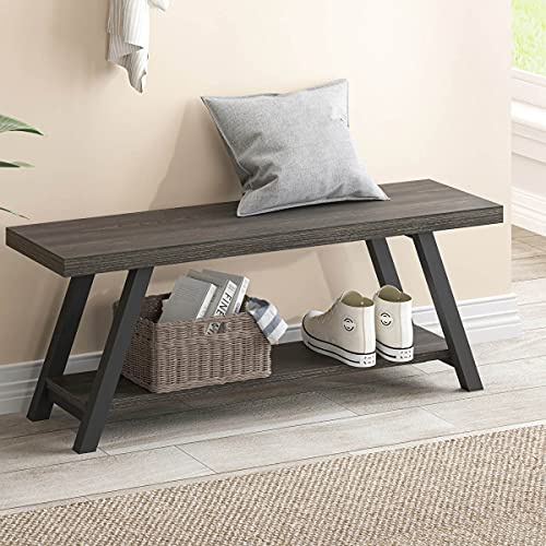 LVB Entryway Bench with Storage, Wood Bench for Entryway, 120cm Dark Oak | Indoor Entry Way Benches Seat, Wood and Metal Bench for Hallway Living Dining Room and Foyer Entrance