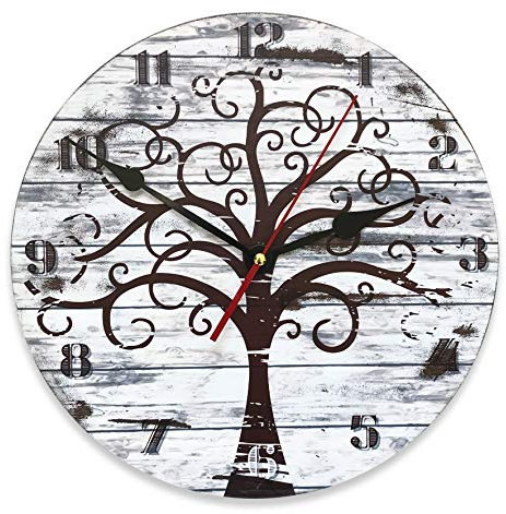 Orologio da parete vintage in MDF, diametro 30 cm, con disegno albero della vita stile shabby chic per decorare la casa in maniera originale, ideale per tutti gli ambienti della casa.