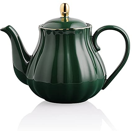 SWEEJAR Royal Teekanne, Keramik-Teekanne mit herausnehmbarem Edelstahl-Teesieb, blühende und lose Blätter, 800 ml (Jade)