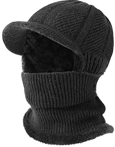 TAGVO Winter Knitted Balaclava, Visor Beanie Hat, Mask Neck Warmer Snood for Cycling Ski Hiking, Universal Size Black