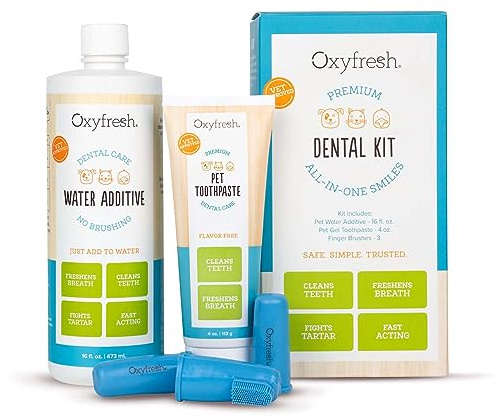 Oxyfresh Premium Pet Dental Kit for Dogs & Cats – Easiest Breath Freshener & Teeth Cleaning Solution for Fresh Breath, Clean Teeth, Plaque & Tartar Control – 4oz Toothpaste + 16oz Water Additive
