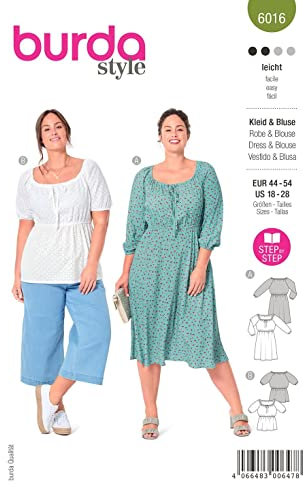 Burda Style Katalog-Schnittmuster Bluse und Blusenkleid in Midilänge | Damen, Gr. 44-54 | Nählevel: Leicht #6016