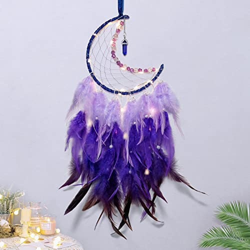 Dremisland Traumfänger mit LED Licht Handgefertigt Mond Dreamcatcher mit Federn Boho Dekoration Lila Federn Wandbehang Ornament Macramé Kinderzimmer-Accessoires für Mädchen Kinder Geschenk