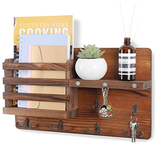 WeBravery Dekoratives Schlüssel-Hängegestell Hakenleiste mit 10 Haken - Einfache Installation Naturholz Schlüssel- und Briefhalter für Wandhalterung - Eingangsbereich Dekor Rack mit Regal (Braun)