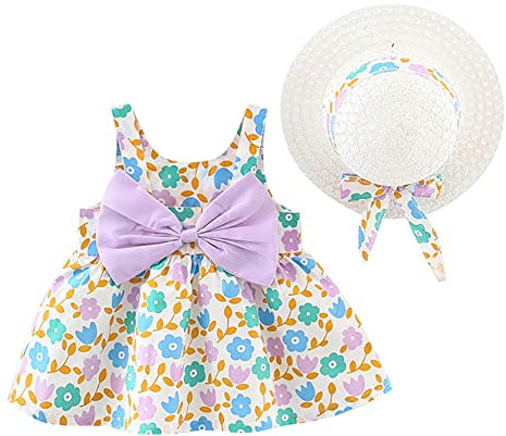 IWEMEK Robe Bébé Enfant Fille été Fleur Imprimé Costume Princesse Nœud Papillon Ensemble Trapèze sans Manches + Chapeau de Paille Décontractée Cérémonie Plage Vacances Fête #Floral Violet 12-18 Mois