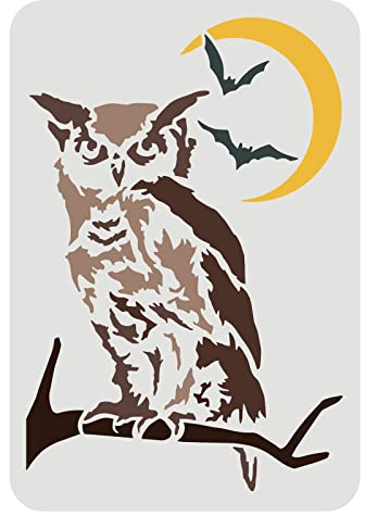 FINGERINSPIRE Eule Schablone 29,7x21cm Mond Fledermaus Baumzweig Tierschablonen Wiederverwendbare Malschablone Große PET Schablonen zum Malen für Holz Wand Stoff Holzschilder Halloween Dekoration