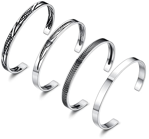 JeweBella 4 Stück Armreif Armband für Herren Damen Edelstahl Vintage Offen Maschette Armband Set Stapelbar Blatt Feder Armreif Schmuck Geschenk