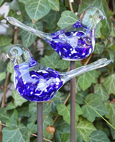 Bornhöft 2er Set Gartenstecker Glasvogel Deko Beetstecker Handarbeit Skulptur Vogel Blau Weiß