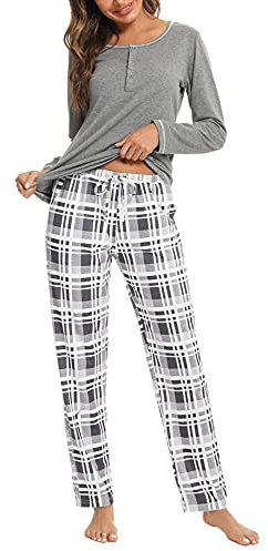 Litherday Pyjama Femme Hiver Ensembles de Pyjama Femme Coton Vêtement de Nuit à Manches Longues Tenue de nuit à Carreaux Automne et Hiver,B Gris Clair,XL