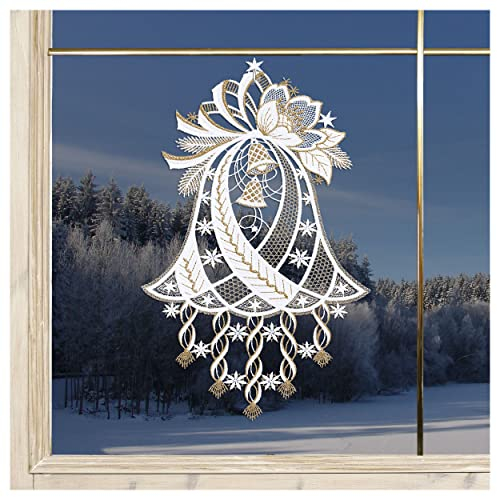 DSD Design-Studio Drechsler Weihnachts-Fensterbild Glockenspiel Plauener Spitze Glöckchen weiß-Gold mit Lurex-Stickerei 34 x 21 cm