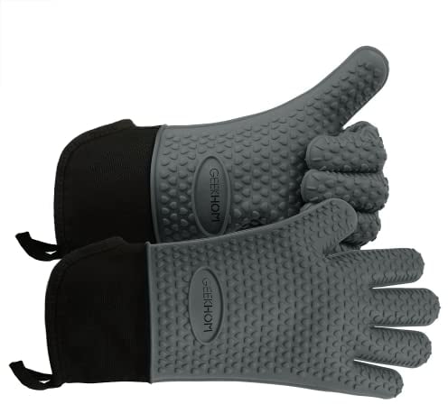 GEEKHOM BBQ Gloves, Grilling Gloves Heat Resistant Oven Gloves, Kitchen Silicone Oven Mitts, Long Waterproof Non-Slip Pot Holder for Barbecue, Cooking, Baking(XL, Grey)