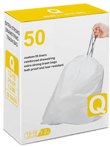 Code Q Heavy Duty Drawstring Trash Bags | 1.2 Mil | White Garbage Can Liners 13-17 Gallon / 40-65 Liter (50 Count) Compatible with simplehuman Code Q Heavy Duty Plastic Trash Bags