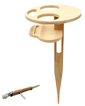 UNUS Garden Table à bière pliable d'extérieur avec porte-bière en bois de bambou naturel, porte-bouteille pour pique-nique, camping ou jardin, avec couteau de poche avec tire-bouchon et décapsuleur