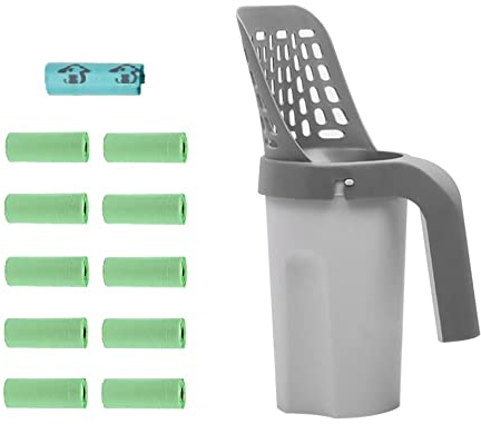 Lusacy Streuschaufel mit Behälter, Katzenstreuschaufel 2 in 1, Streuschaufel Katzenklo mit 11 Rollen Abfallsäcken, Katzenstreu Entsorgungseimer mit Schaufel für Haustier Kätzchen Katze