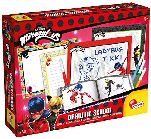 Lisciani - MIRACULOUS - Lady Bug Zeichenkit - Kreative Bastelsets für Kinder ab 5 Jahren - 4 Abwischbare Tafeln + 4 Marker + Zeichenbuch zum Zeichnenlernen - Hergestellt in Italien