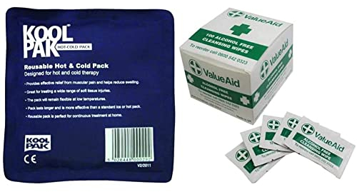 Koolpak Luxury Reusable Hot and Cold Pack - Small - 13 x 14cm 20 Pack, Blue & Value Aid Alcohol Free Moist Cleansing Wipes - Box of 100