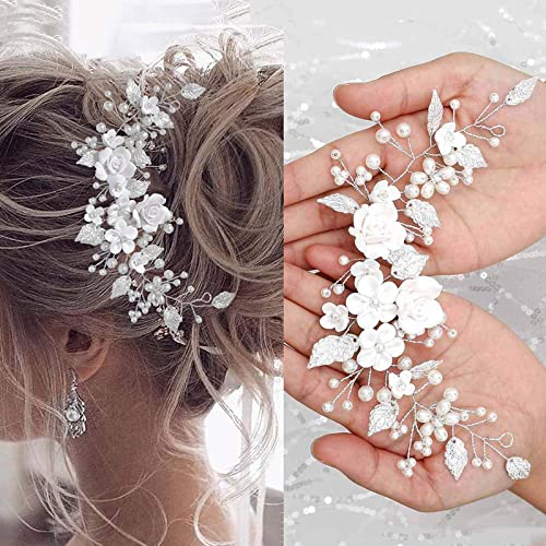 WiDream Mariage Feuilles Vignes De Cheveux, Fleurs de Mariage Cheveux Vigne Mariée, Perle Bandeau de Mariage Bijoux de Cheveux de Mariée, Coiffure Perlée pour Femmes et Filles