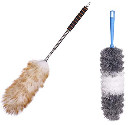 Dusters Plumero de lana de cordero con poste de extensión (acero inoxidable), plumeros de telaraña extensibles extra largos, plumero flexible resistente a los arañazos para limpiar herramientas de l